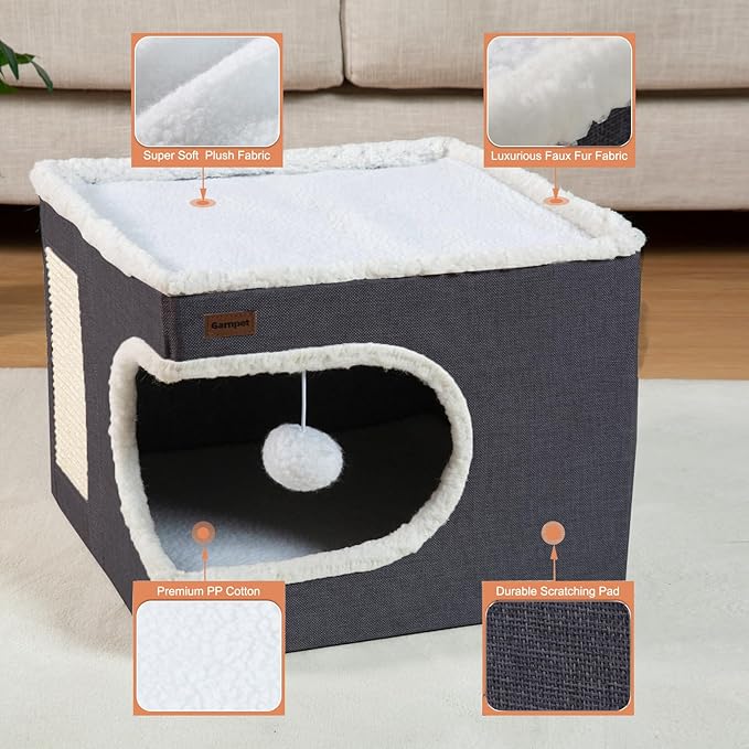 Cat Bed for Indoor Cats Cube House, Covered Cat Cave Beds & Furniture with Scratch Pad and Hideaway Tent, Cute Modern Cat Condo for Multi Small Pet Large Kitten Kitty, Dark Grey