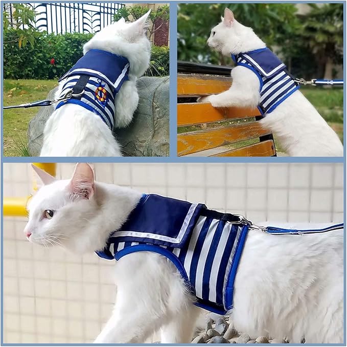 Cat Harness and Leash for Walking Escape Proof, Adjustable Cat Vest Harness, Padded Stylish Cat Walking Jackets, Sailor Suit Navy, Small