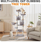 Sweetcrispy 71 inch Cat Tree Tower, Large Multi Level Cat Climbing Tower with Condo, Natural Sisal Scratching Posts, Platform, Hammock, Basket, Tall Pet Tree House for Indoor Cats Play, Light Grey