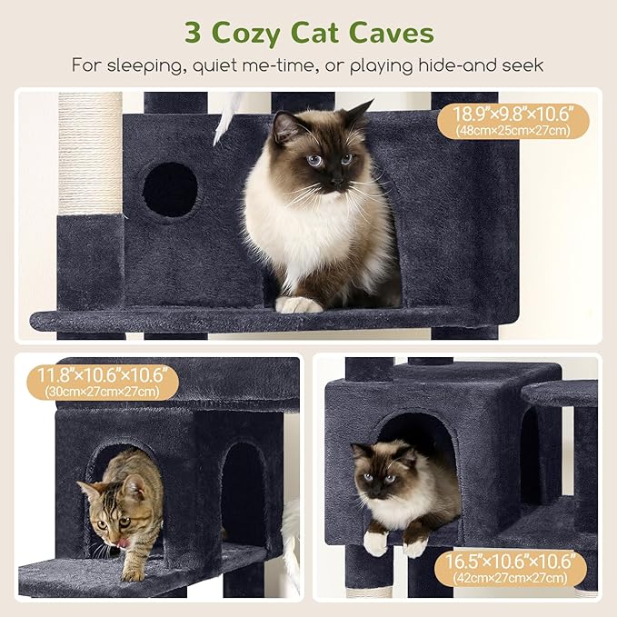Globlazer Corner Cat Tree 66 inch Multi-Level Climbing Tower Kitty Condos Cat Scratching Tower for Indoor Multiple Cats with Large Platform, 3 Cat Caves, F66, Dark Grey