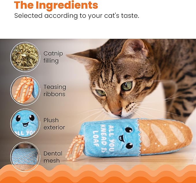 Catstages Loaf Kicker Toy with Catnip and Dental Mesh, Bread Shape, Plush and Ribbon Cat Toy for Kicking, Tossing, and Teeth Cleaning, Tan