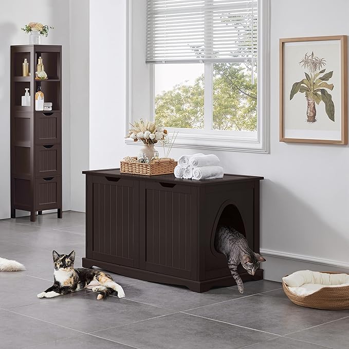Yaheetech Cat Litter Box Enclosure, Litter Cabinet Furniture Hidden, Wooden Pet Crate Kitty Washroom Storage Bench with Divider Home Loo Indoor Cat House Espresso