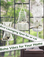 KARCEEY Cat Hammock Macrame Hanging Bed for Large Cats - 50lbs Heavy Duty Cat Swing Wall Mounted Boho Window Perch - Hardware Kit Included