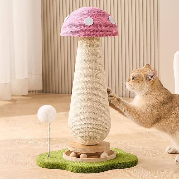 Mushroom Cat Scratching Post Cat Tree, 21.5‘’ H Cute Cat Scratcher Tower with Durable Solid Wood Turntable Toy, Baby Pink Mushroom Scratch Post Cat Sisal Scratcher with Catnip for Indoor Adult Cats