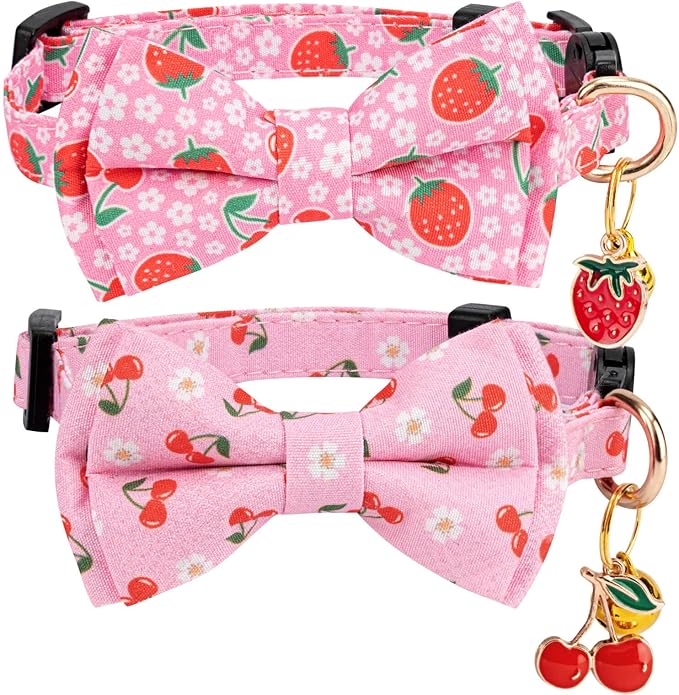 2 Pack Breakaway Cat Collar with Removable Bow Tie and Bell for Boy Girl Cats,Cute Cotton Kitten Collar with Purple Lavender and Red Flower Pattern for Female Male Cats (Cherry&Strawberry)