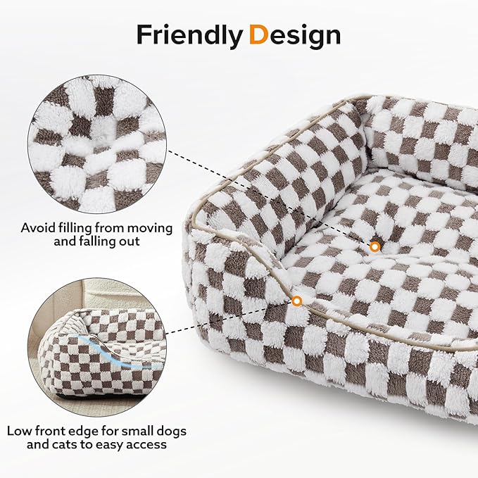 JOEJOY Dog Bed for Medium Small Dogs - Rectangle Orthopedic Dog Sofa Bed, Cute Modern Puppy Bed with Jacquard Shaggy Plush & Anti Slip Bottom, 25x21x8inches, Cofffee