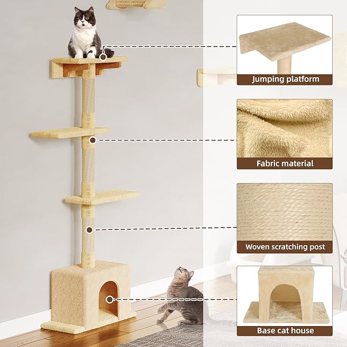 Cat Wall Shelves, Wall Mounted Pet Shelf Furniture w/Plush Fabric(20 Piece Set), 63''H Cat Tower w/Scratching Posts, Cats Furniture with 40''L Tunnel, Condos, House, Steps and Ladder, Beige