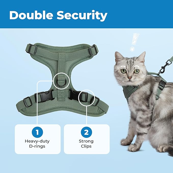 Voyager Escape-Proof Step-in Lock Cat Harness & 5ft Neoprene-Handle Leash Set All-Weather Mesh with Reflective Stitching for Small to Large Cats by Best Pet Supplies, Moss Green (327), XS