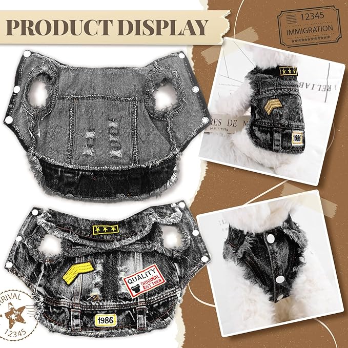 Cool Dog Jean Jacket Small Puppy Outfits Frenchie Clothes Denim Coats for Small Medium Dogs Cats Boys Girls Pet Vest Dog Shirt Clothing Doggy Costume (Black Print, XXL（Suggest 15-20 lbs）)