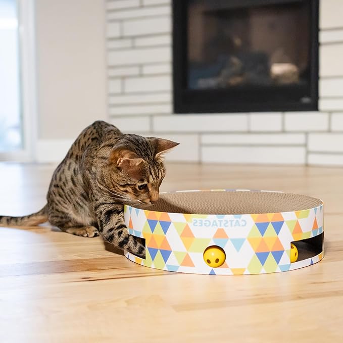 Catstages Bowl Track Scratcher Cat Ball-Track Toy, Corrugated Scratch, and Lounger All-in-One, Two Balls Included for Interactive Play, Multicolored