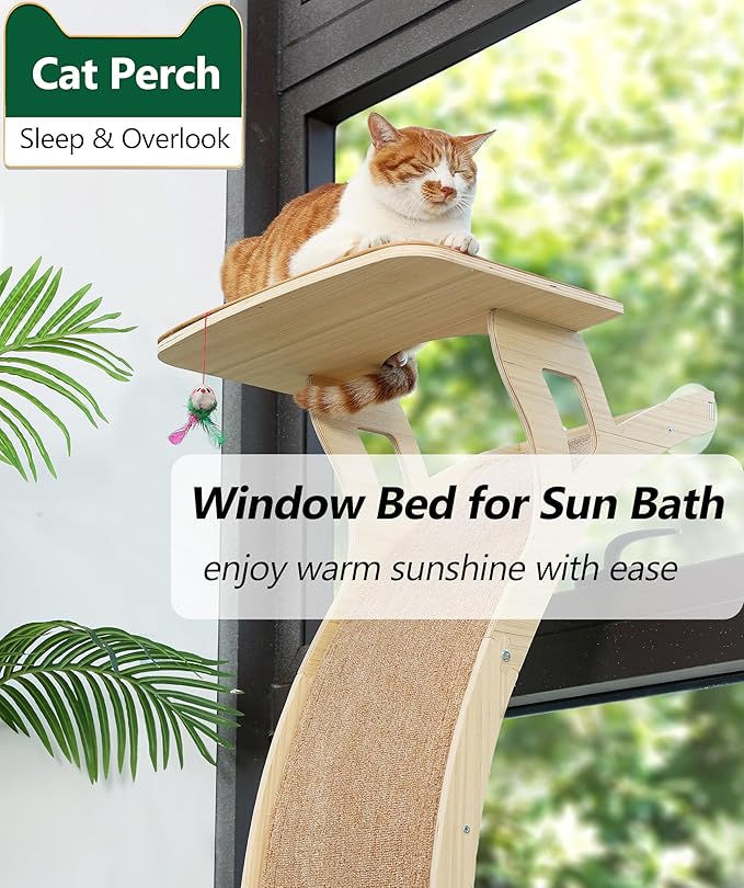 Cat Window Perch with Scratcher Ramp, 48" Climbing Tree Suctions Cups to Window Maximum Hold Up to 45lb, Wood Kitty Bed for Small Window (Drilling-Free)