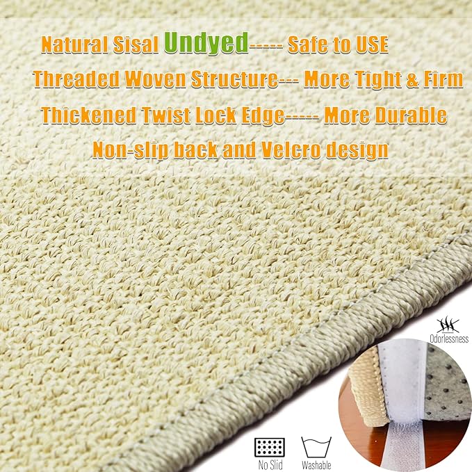 Cat Scratcher Mat, 23.6x15.7' Natural Sisal Scratching Pad with Velcro Tape, Stick on Floor and Wall Cat Scratch Mat Protects Carpet and Sofa