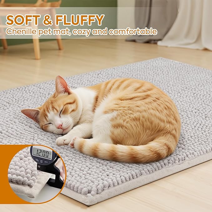 Pieviev Chenille Cat Litter Mat for Litter Box, 48"x36" Soft Ultra Absorbent Mat, Waterproof & Non-Slip, Easy to Clean Litter Trapping Mat for Indoor Cats, Gray