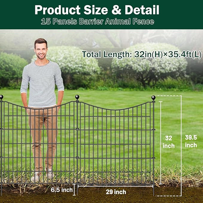 15 Panels No Dig Dog Fence Outdoor for Yard, 32 in(H) X 35.4 ft(L) Decorative Tall Garden Fence Animal Barrier, Rustproof Metal Wire Garden Edging and Borders, Temporary Fencing Stakes