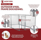 Lucky Dog Heavy Duty Outdoor Galvanized Chain Link Dog Kennel Enclosure with Latching Door, 1.5 Inch Raised Legs, and Adjustable Configuration, Silver
