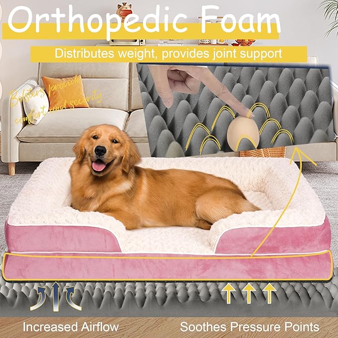 Orthopedic Dog Bed for Large Medium Sized, Washable Memory Foam Large Dog Bed, Medium Pet Sofa with Removable Cover, Washable Waterproof Pet Couch Beds(Pink, M)