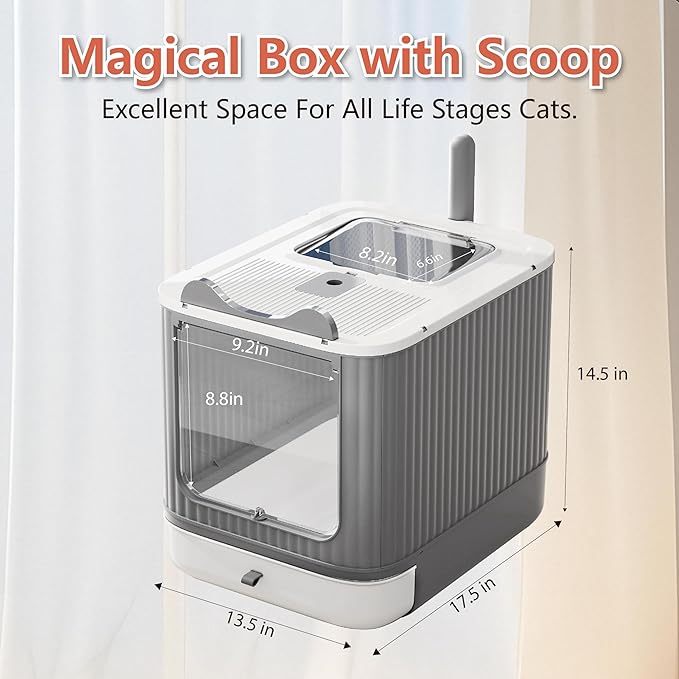 Upgraded Fully Enclosed Cat Litter Box with Lid, Covered Cat Box Enclosure, Anti-Splashing Easy to Clean Kitty Litter Boxes with Drawer, 3 Modes can Use from Kitten to Adult(White&Grey)