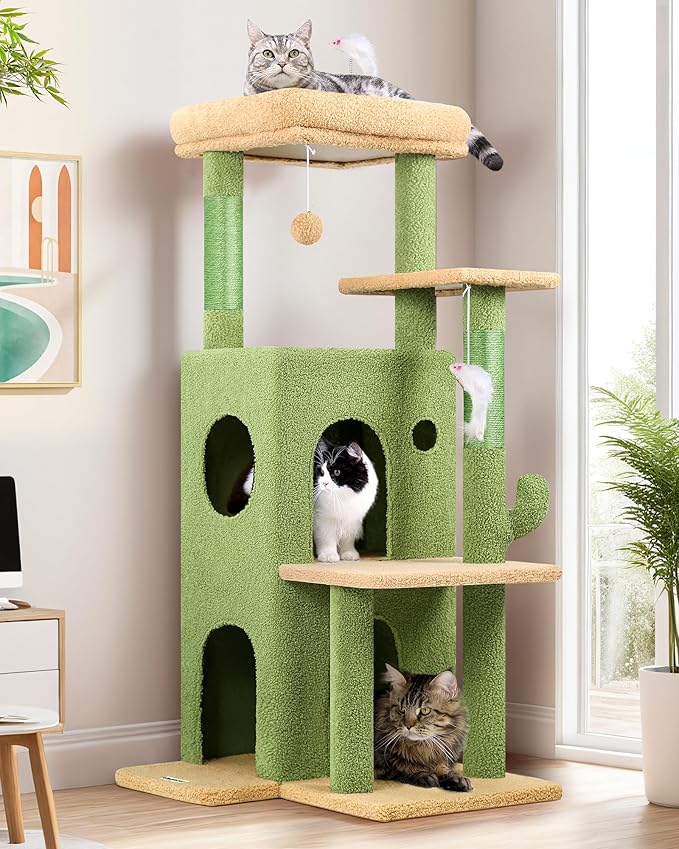 Globlazer Cactus Cat Tree Tower for Indoor Cats, 50-inch Adult Cat Tree House for Large Adult Cats with Steps, Scratching Post, 2 Cat Caves, Dangling Toys, FC50, Green