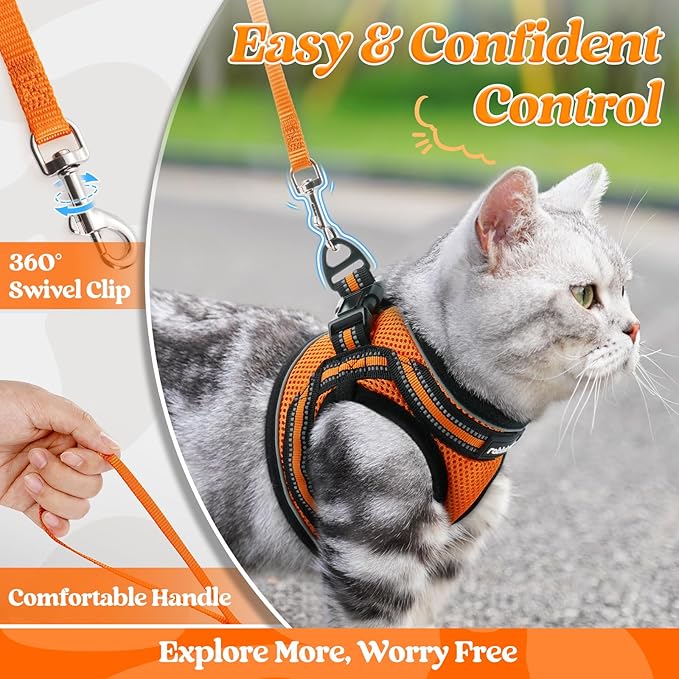 rabbitgoo Cat Harness and Leash Set for Walking Escape Proof, Adjustable Soft Kittens Vest with Reflective Strip for Cats, Comfortable Outdoor Vest,Light Orange,M
