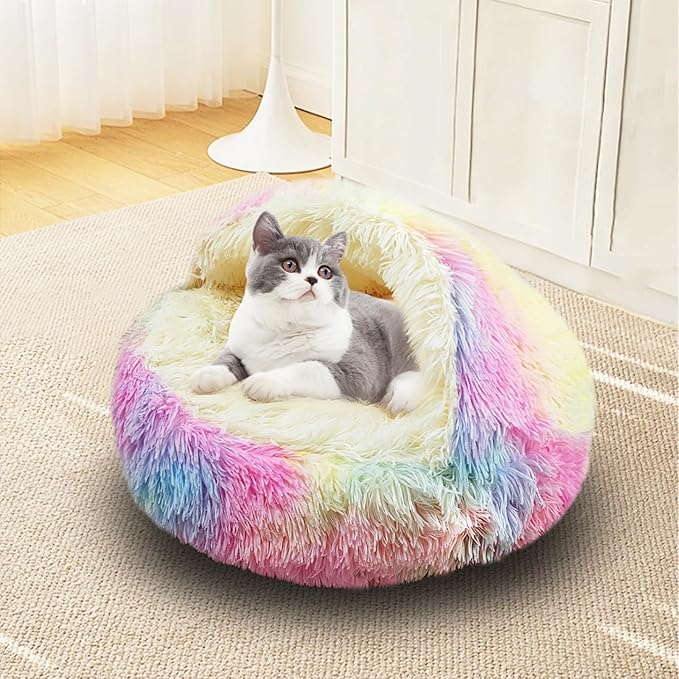 ShinHye Cat Bed Round Plush Fluffy Hooded Cat Bed Cave, Cozy for Indoor Cats or Small Dog beds, Soothing Pet Beds Doughnut Calm Anti-nxiety Dog Bed - Waterproof Bottom Washable (23×23inch, Multicolor)