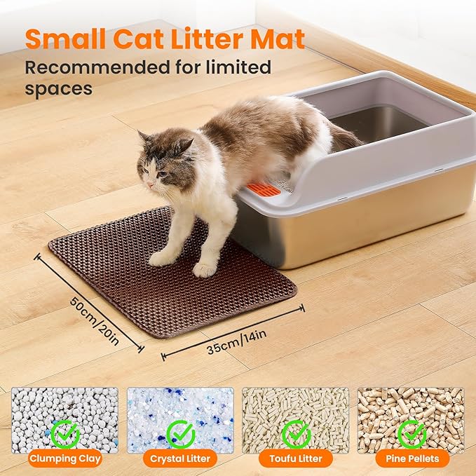 Small Cat Litter Mat, 20x14’’ Double Layer Honeycomb Cat Litter Box Mat, Non Slip Waterproof Urine Proof Litter Trapping Mat for Floor, Kitty Litter Pad, Indoor Pet Supplies, Brown