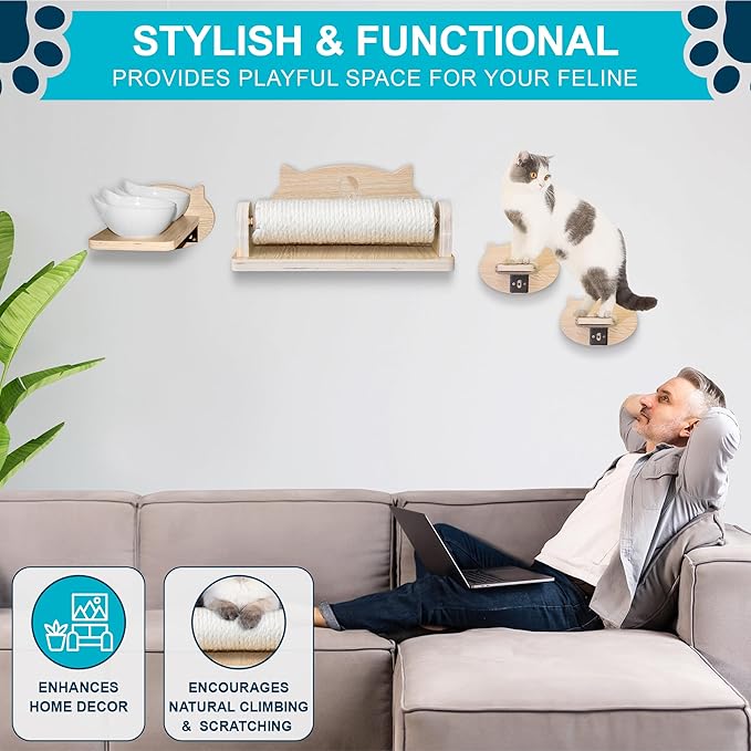 Big Cat Wall Shelves with 3 Steps, Wall Furniture for Large Cats, Feeding Shelf, Mounted Cat Bed, Easy Installation Modern and Durable Shelves for Cats.