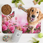 Rose Pink Dog Cat Food Mat,Butterfly Absorbent Pet Feeding Mat for Food and Water,Non-Slip Dog Bowl Mats Floor Protector 12"x20"
