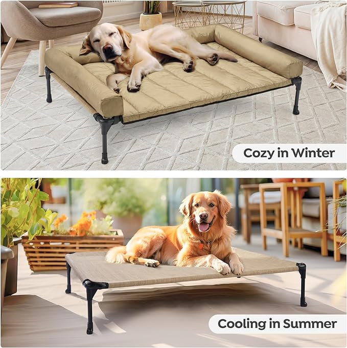 Veehoo Cooling Elevated Dog Bed Add Removable Waterproof Bolster Cushion Mat, Raised Pet Cot with Breathable Teslin Mesh, No-Slip Feet, Dog Couch Bed for Indoor Outdoor, 32x25inches, Beige, CWC2331B