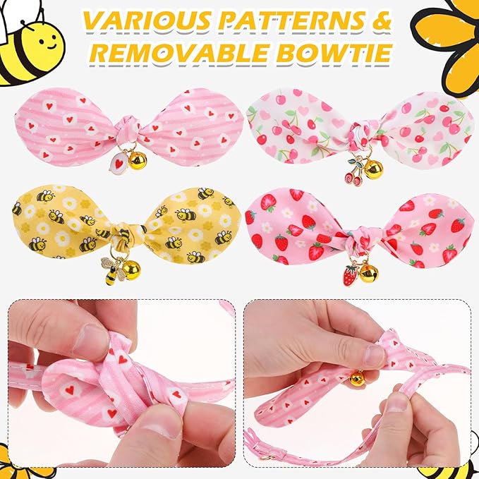 EXPAWLORER Bunny Ear Cat Collar with Bell, Soft Breakaway Kitten Collar with Bow and Accessory, Pink Girl Cat Collars with Safety Quick Release Clasp, Pet Collar for Valentine's Day (Strawberry)