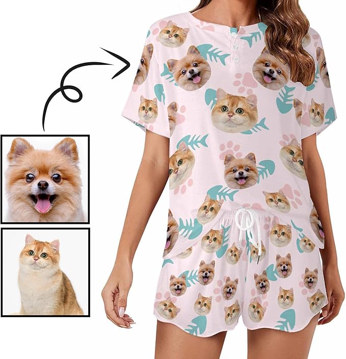 Custom Short Pajamas Set with Face Photo Women‘s Sleepwear Tee Personalized PJ Short Loungewear Set fot Her