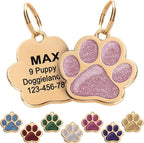 Paw Shape Dog ID Tag Stainless Steel Custom Laser Engraved, Cute Bling Glitter Pet Name Tags Personalized with Durable Engraving (Gold Sparkly Paw)