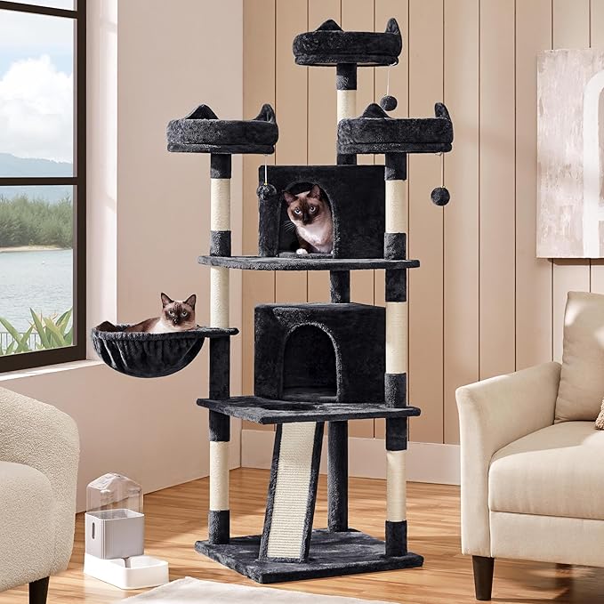 Yaheetech 68.5in Cat Tree for Large Cats, Multi-Level Cat Tower with 3 Wide Perches, Large Condo, Stable Pet Play House w/Sisal-Covered Scratching Posts & Board, Black