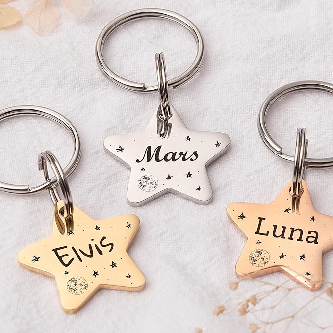 Anavia Small Size Dog Cat ID Tags, Small/XS Personalized Color Plated Stainless Steel Puppy Kitten Name Tags, Customized Engraved Nameplate Pet Collar Tag (Rainbow, Star)