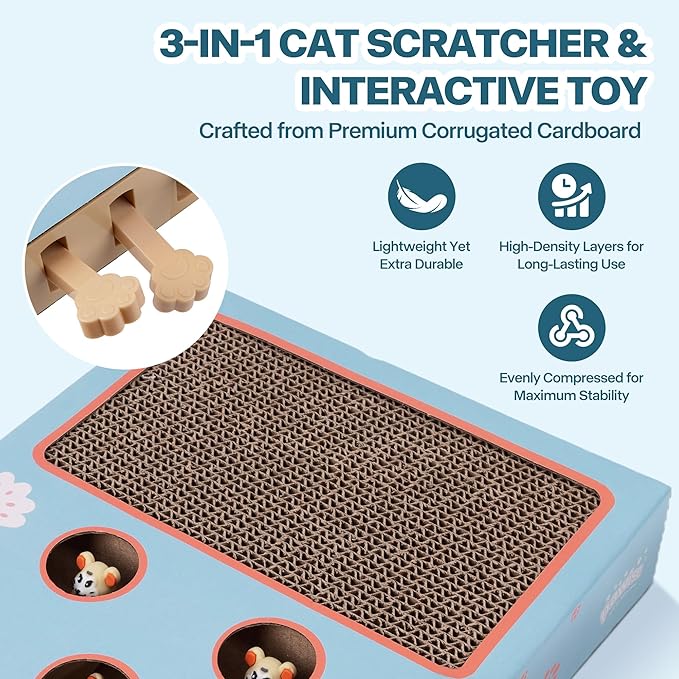 PAWISE 3-in-1 Interactive Cat Toy, Whack-A-Mole Cat Puzzle & Cat Scratching Board with Catnip, Cardboard Cat Scratcher Box for Indoor Cats, Kitten IQ Boost & Boredom Relief