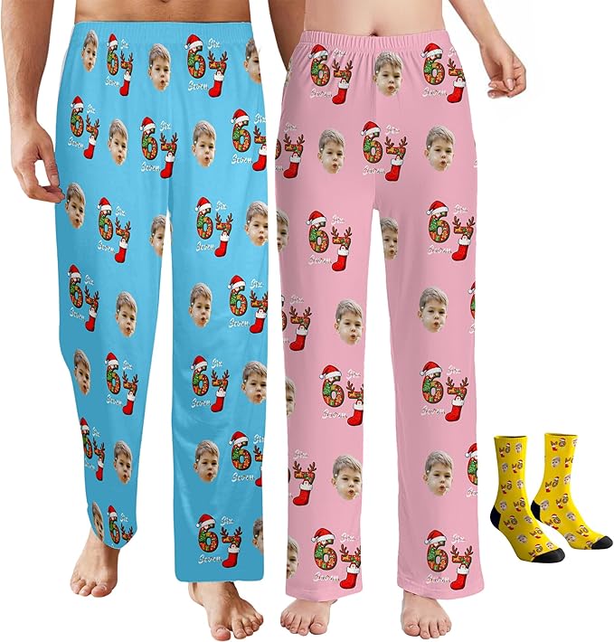 Custom Pajama Pants for Women Men, Personalized 67 Name Photo PJ Family Six Seven Matching Sleep Bottoms Birthday Xmas Gifts