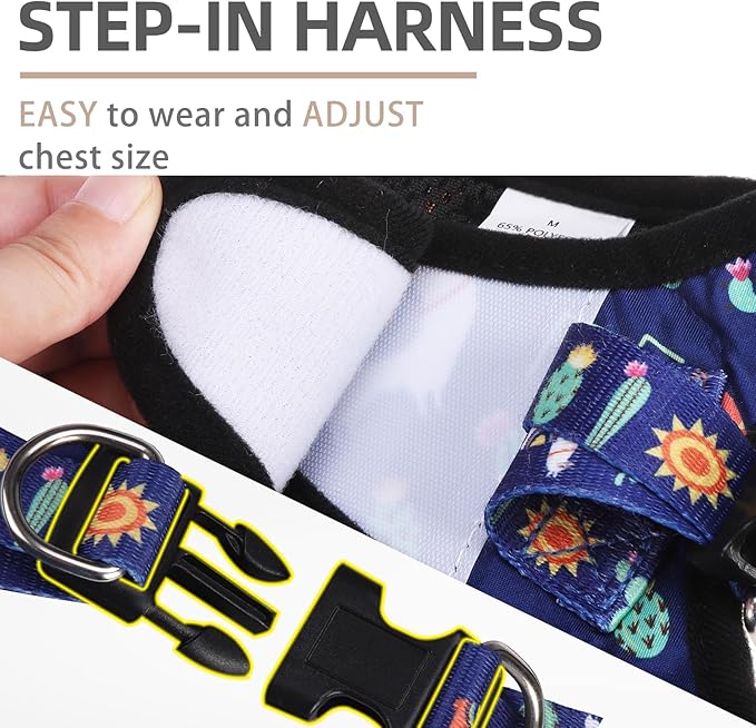 PUPTECK Dog Harness and Leash Set for Small Medium Dogs No Pull Step-in Soft Mesh Puppy Cat Vest Harnesses Reflective at Night, NavyBlue Print, M