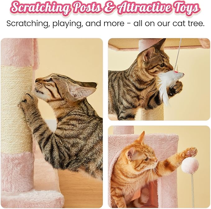 MWPO 70.1-Inch Pink Large Cat Tree, Multi-Level Tall Cat Tower for Indoor Cats, Plush Cat Condo with Big Padded Perches, Sisal-Covered Scratching Posts, Hammock, Toys for Kittens & Cats