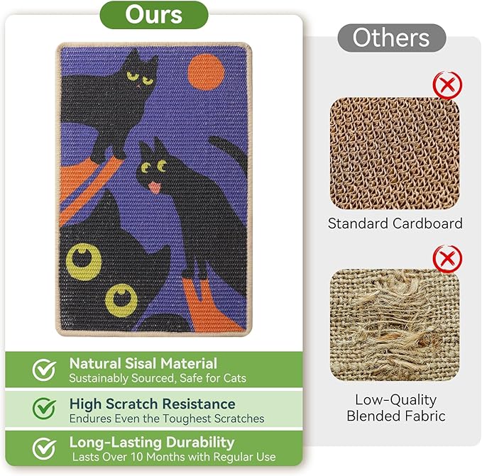 3-in-1 Sisal Cat Scratcher Mat 23.6x15.7'' Protects Carpet Couch & Furniture with Sticker Tape, Floor & Wall Cat Scratching Pad, Anti-Slip, Durable for Indoor Outdoor Cats (Royal Purple)