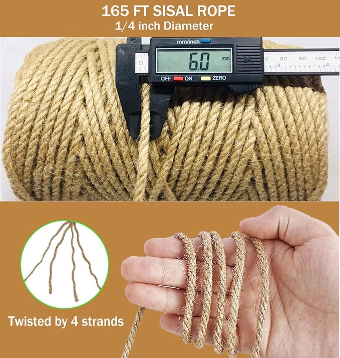 Sisal Rope for Cat Scratcher,Rope for Cat Scratch Post 1/4in 164Ft Jute Twine for Scratching Post Repairing, Recovering or DIY