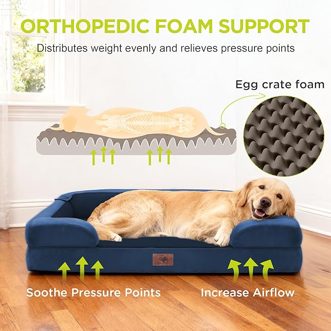 Extra Large Dog Bed, Orthopedic XL Washable Bed for Big Dog Waterproof Pet Couch Sofa Bolster with Removable Cover, Non-Slip Bottom, Tennis Ball Toy, 42x30