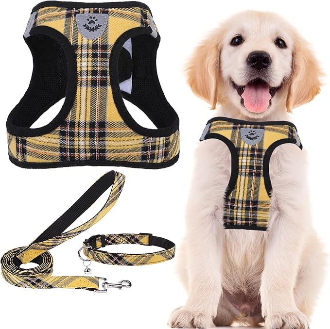 PUPTECK Adjustable Dog Harness Collar and Leash Set Step in No Pull Pet Harness for Small Medium Dogs Puppy and Cats Outdoor Walking Running, Soft Mesh Padded Reflective Vest Harnesses, Yellow, L