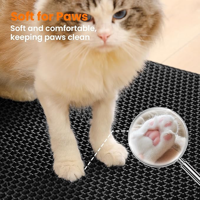 Jumbo Cat Litter Mat, 46x26 Inches Double Layer Honeycomb Litter Trapping Mat, Non Slip Waterproof Urine Proof Extra Large Cat Litter Box Mat, Kitten Supplies and Essentials, XXL, Black