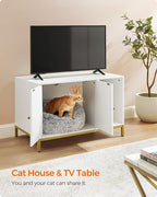 Feandrea Cat Litter Box Enclosure, Hidden Litter Box Furniture with Scratch Pad, Front Entry, Double Cabinet Doors, Modern Style, 31.5" Cat House Washroom Side End Table, White and Gold