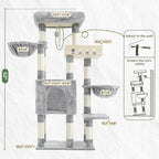 Cat Tree for Indoor Cats Large Adult, Heavy Duty Cat Tree for Large Cats 20 lbs+, Cat Condo with Big Wooden Perch, Cat Tower with 14 Scratching Posts, Hammock, Light Gray GCT023W