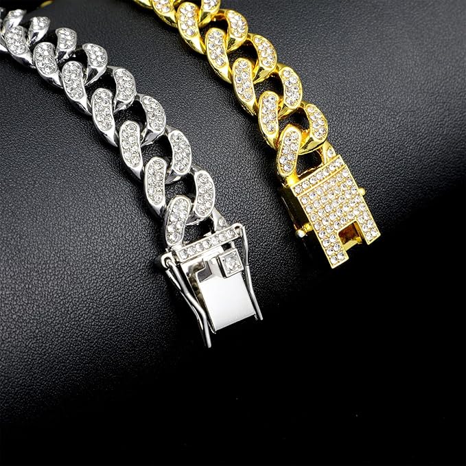 2Pcs Cuban Link Dog Collar Cat Chain Collar Diamond Cat Collar Kitten Walking Collar with Secure Buckle Rhinestones Necklace Metal Chain Jewelry Accessories for Cats Dogs Kittens