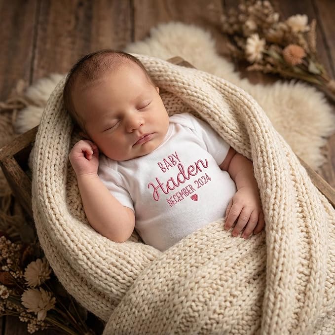 COUPLEHOODIES Personalized Baby Onesie Bodysuit – Custom Embroidery Gift for Pregnancy Reveal Baby Shower or First Grandchild