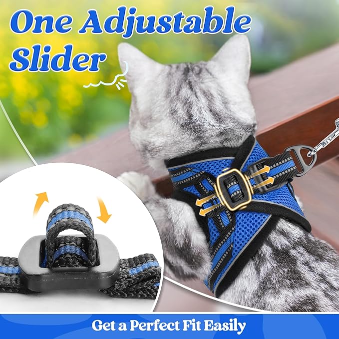 rabbitgoo Cat Harness and Leash Set for Walking Escape Proof, Adjustable Soft Kittens Vest with Reflective Strip for Cats, Comfortable Outdoor Vest, Blue, XL