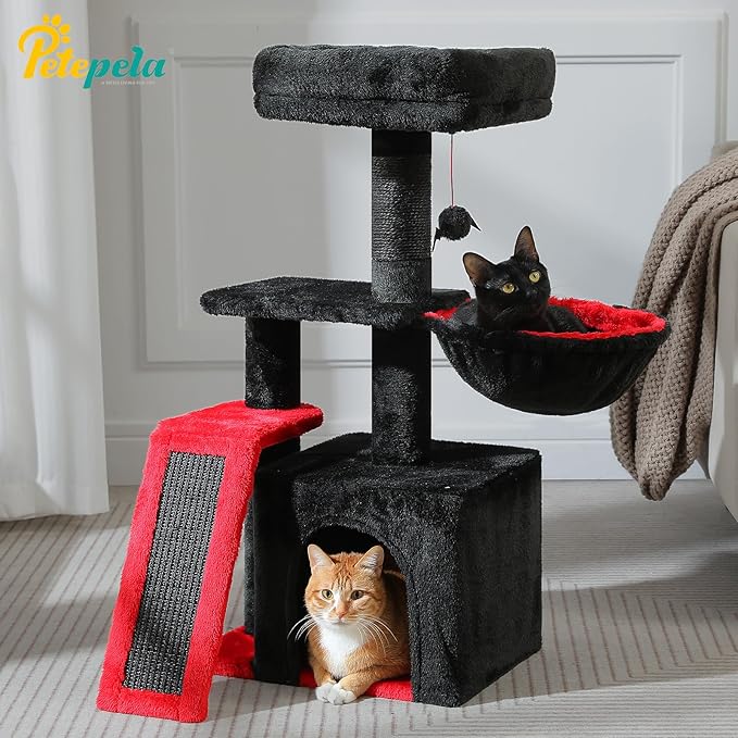 PETEPELA Gothic Cat Tree Tower for Indoor Cats, 31.5'' Small Cat Tower Condo with Sisal Scratching Ramp, Cozy Hammock and Removable Flower Cat Bed Perch for Kittens, Black