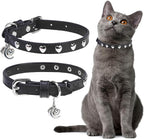 EXPAWLORER Leather Cat Collar for Girl Boy- Adjustable Pet Collar with Safety Elastic Belt,Personalized Heart Accessories Buckle Collars with Bell & Durable D-Ring,Heart (Black)