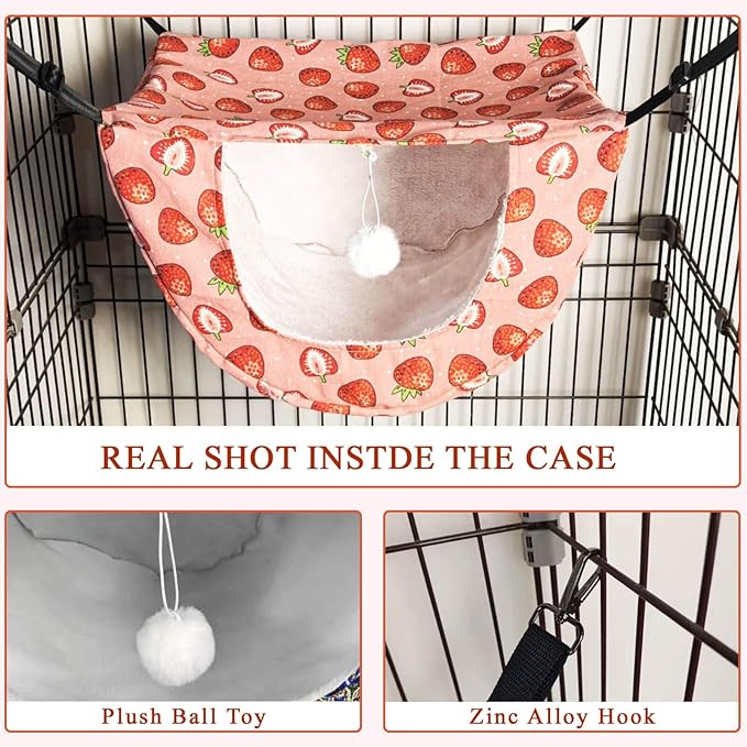 JSPYFITS Cat Cage Hammock with Ball,Double Layer Hanging Adjustable Soft Pet Bed Suit for Kitten Ferret Puppy Rabbit or Small Pet, 2 Level Indoor Bed for All Season(Pink Strawberries)